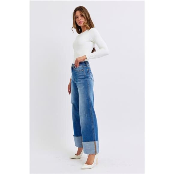 Judy Blue Full Size Distressed High Waist Wide Leg Jeans - Picture 7 of 10